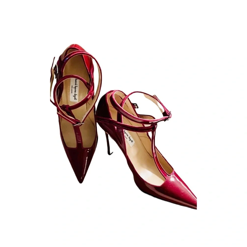 New! HENRI LEPORE DEZERT Carmela Burgundy Patent Crossback Heels  Shoes - Picture 7 of 12